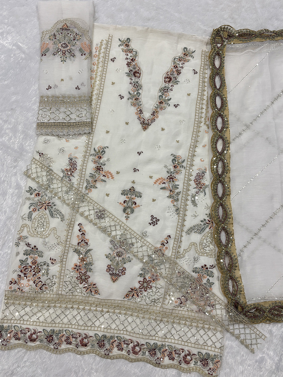 White Chiffon Embroidery Zari Wedding Party Festival Casual Palazzo Pant Salwar Kameez