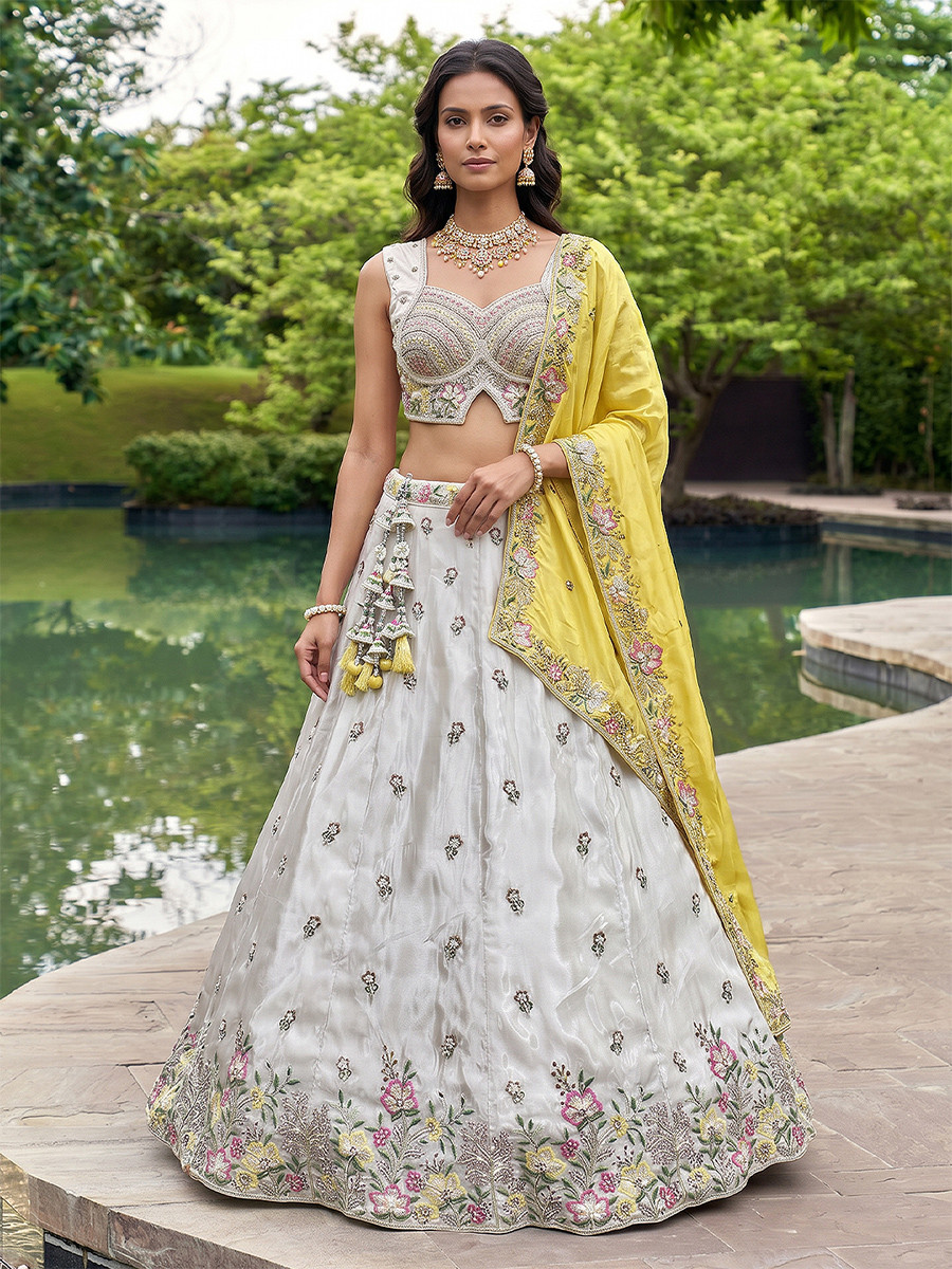 White Chinnon Embroidery Wedding Reception Party Festival Heavy Border Lehenga Choli