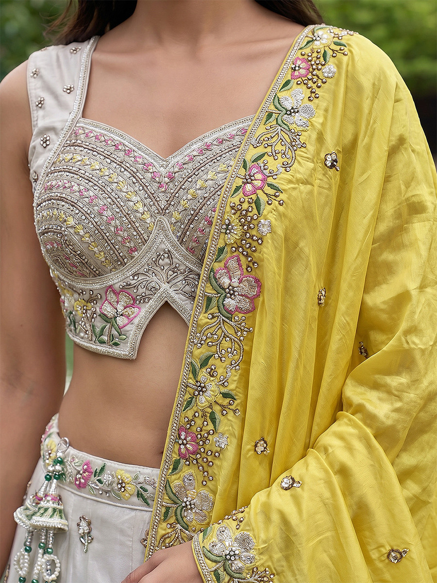 White Chinnon Embroidery Wedding Reception Party Festival Heavy Border Lehenga Choli