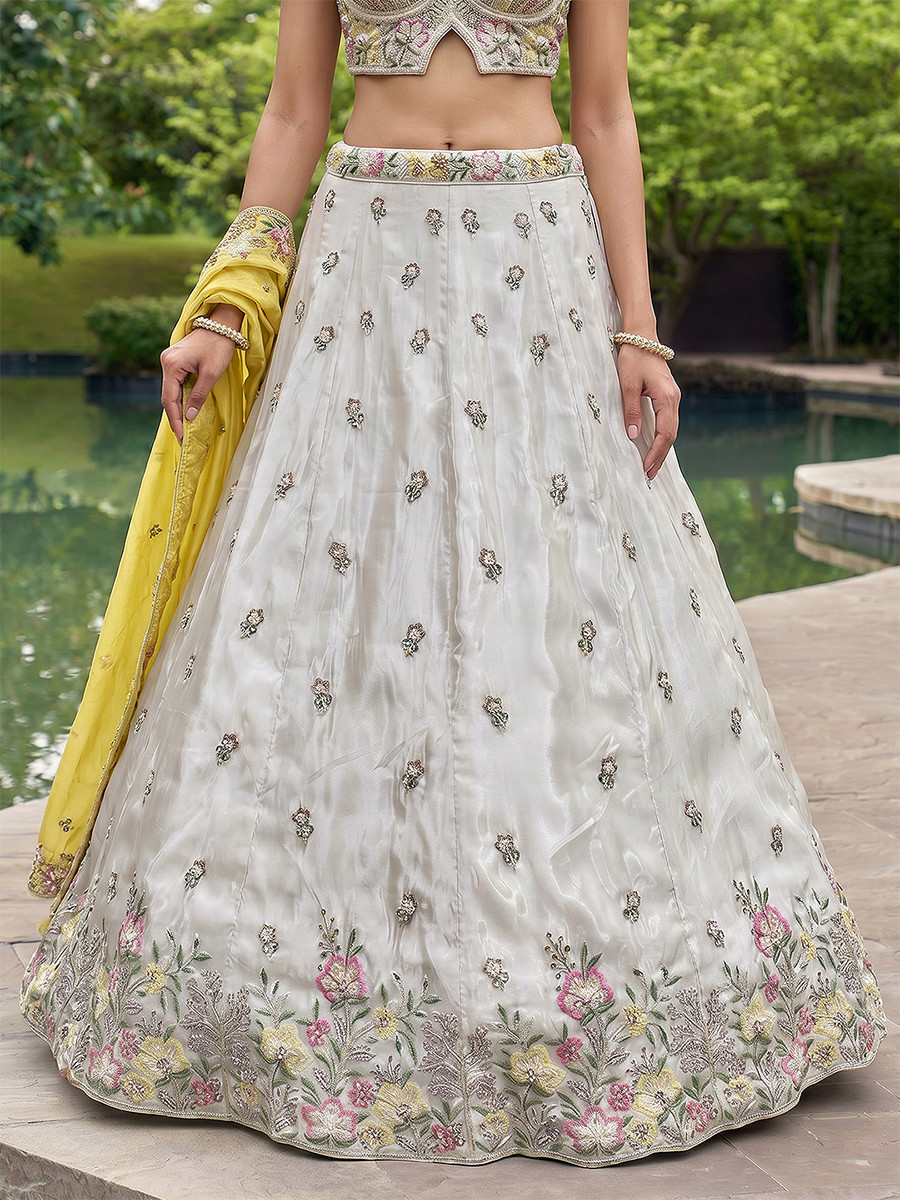 White Chinnon Embroidery Wedding Reception Party Festival Heavy Border Lehenga Choli