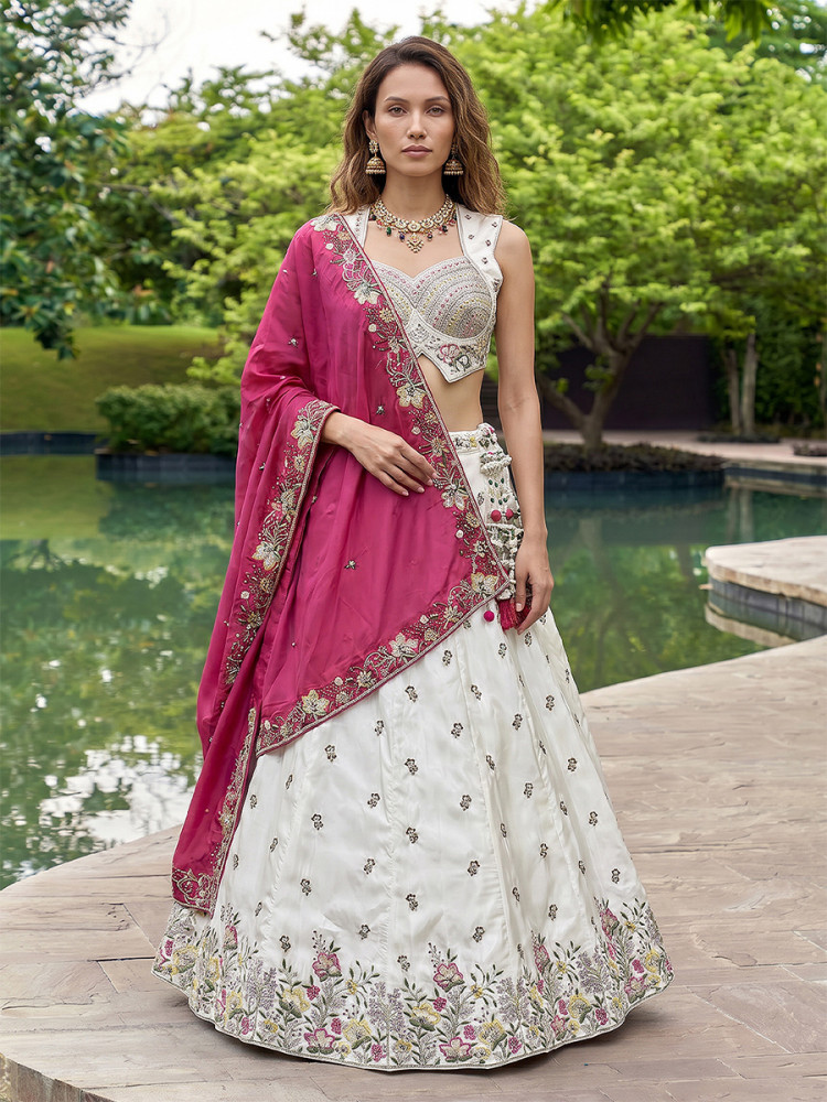 Image of White Chinnon Embroidery Wedding Reception Party Festival Heavy Border Lehenga Choli