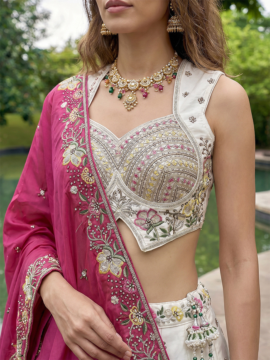 White Chinnon Embroidery Wedding Reception Party Festival Heavy Border Lehenga Choli