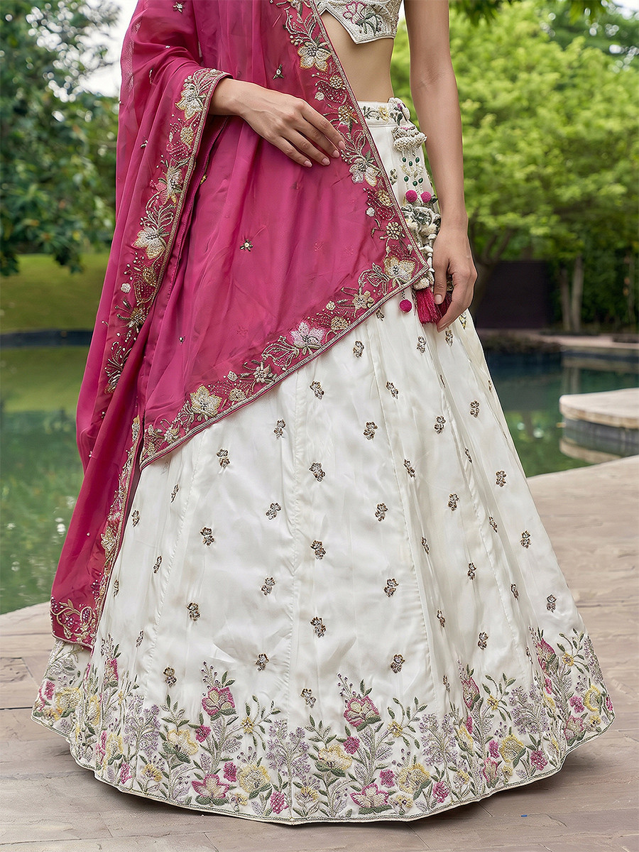 White Chinnon Embroidery Wedding Reception Party Festival Heavy Border Lehenga Choli