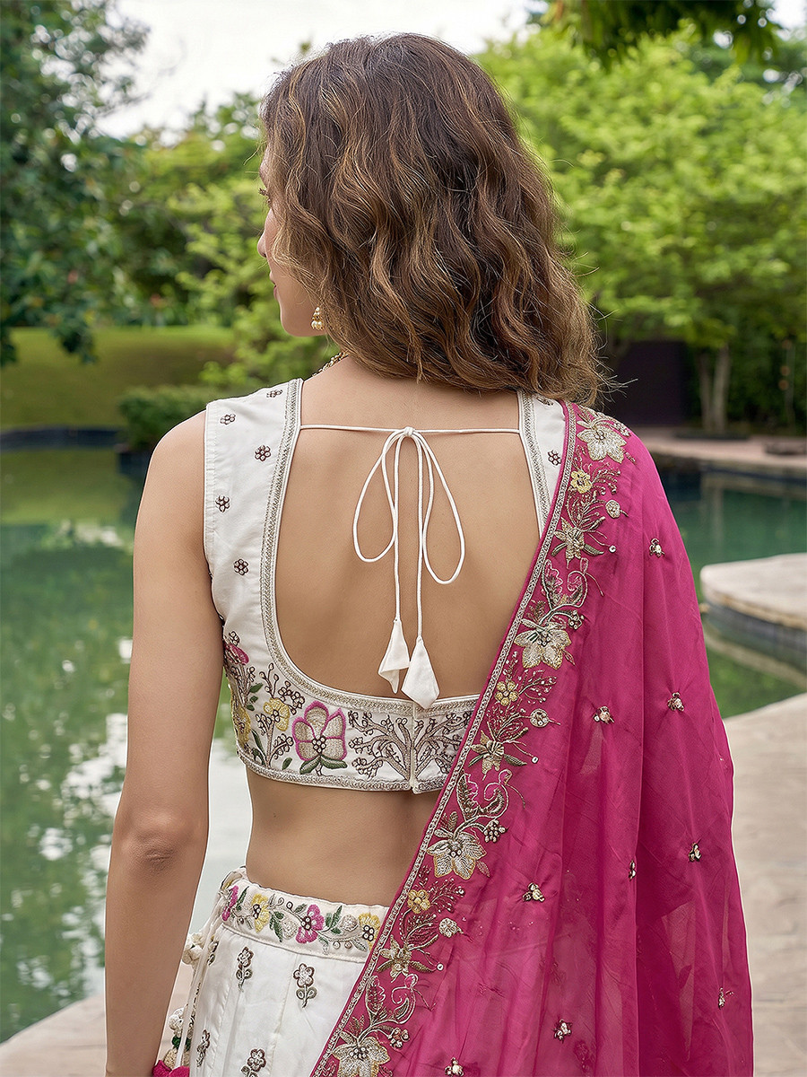 White Chinnon Embroidery Wedding Reception Party Festival Heavy Border Lehenga Choli