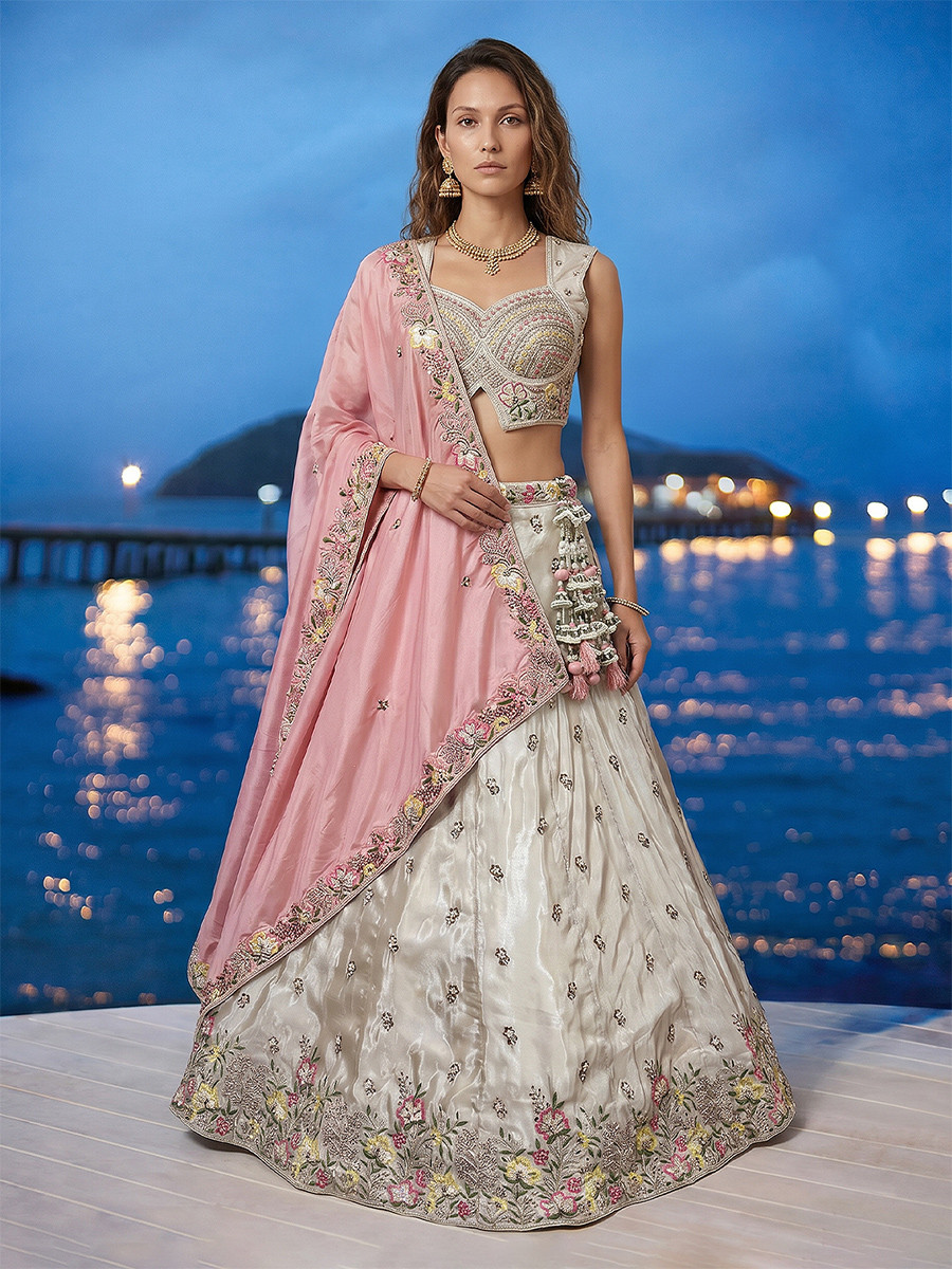 White Chinnon Embroidery Wedding Reception Party Festival Heavy Border Lehenga Choli