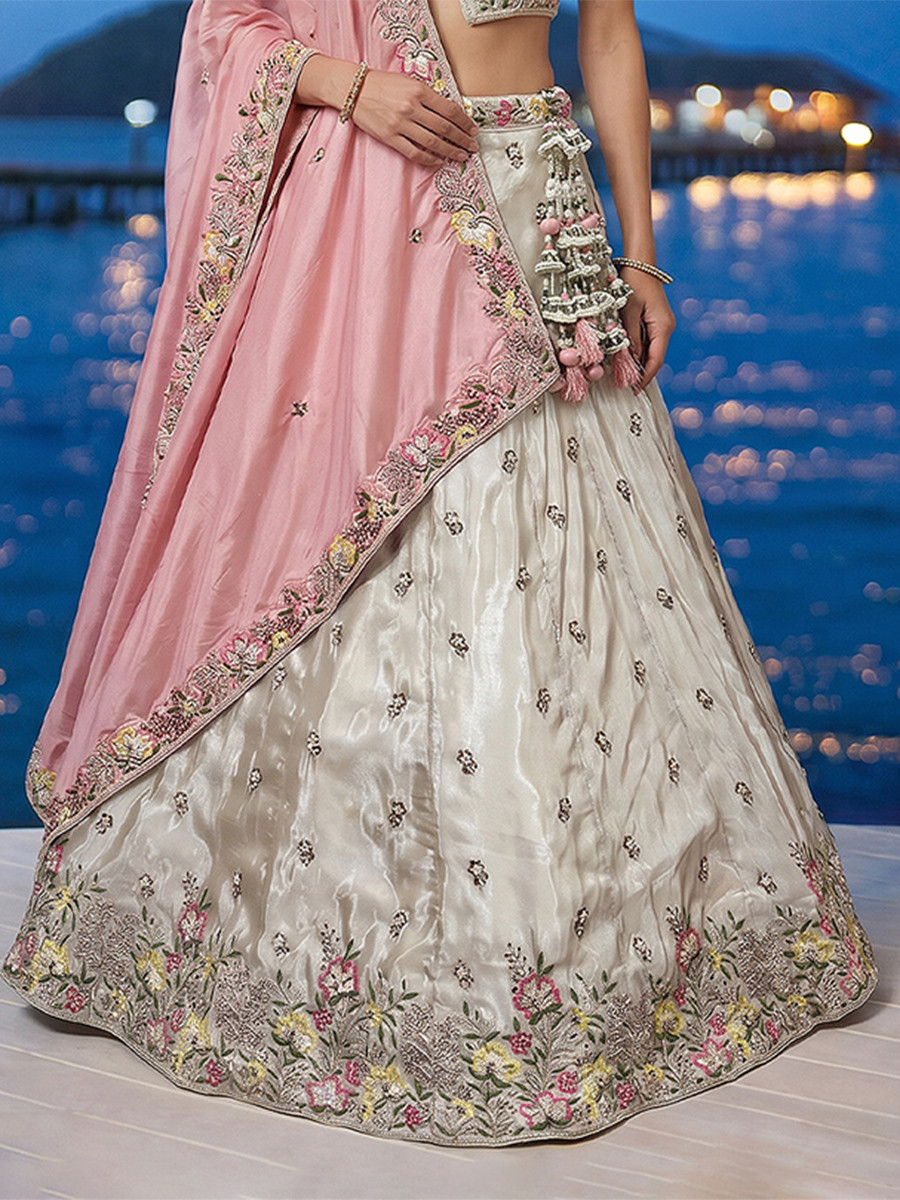 White Chinnon Embroidery Wedding Reception Party Festival Heavy Border Lehenga Choli
