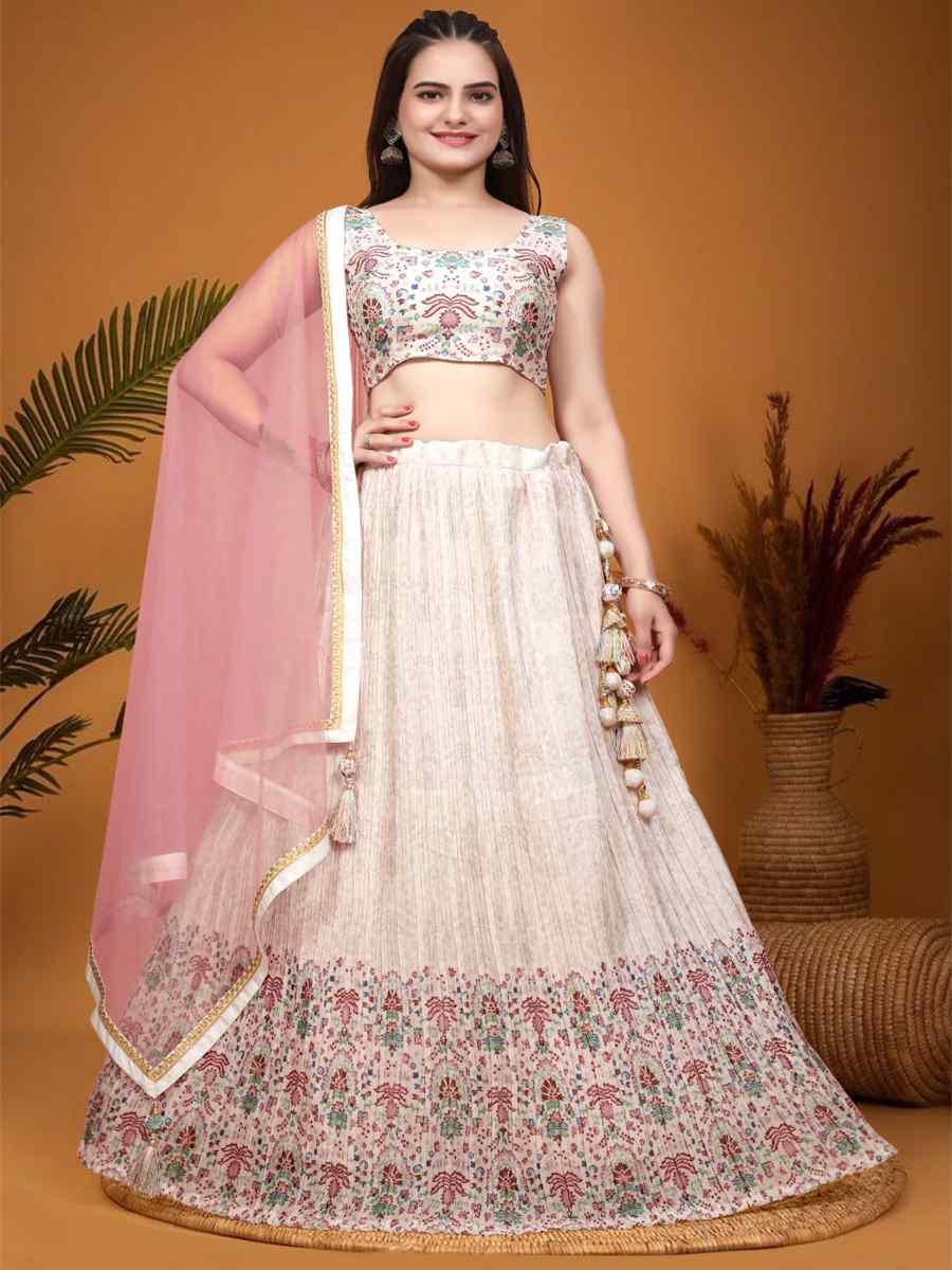 White Chinon Embroidered Festival Wedding Circular Lehenga Choli