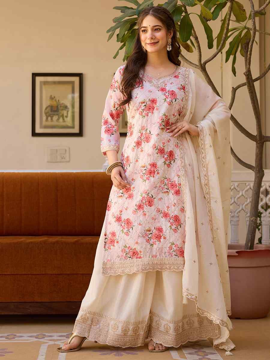 White Chinon Embroidered Party Wedding Ready Pant Salwar Kameez