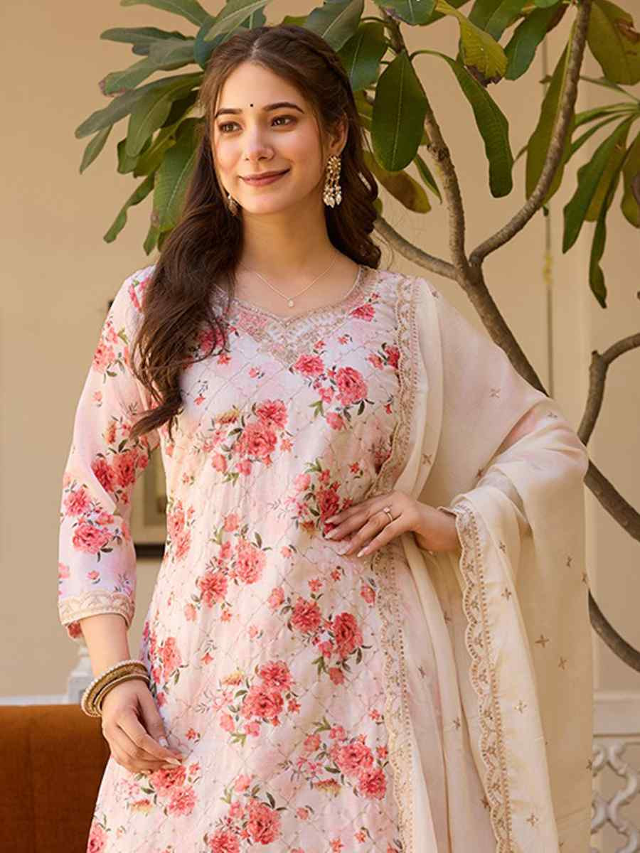 White Chinon Embroidered Party Wedding Ready Pant Salwar Kameez