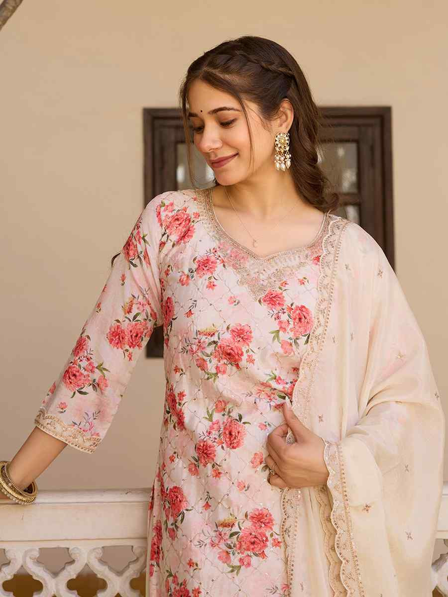 White Chinon Embroidered Party Wedding Ready Pant Salwar Kameez