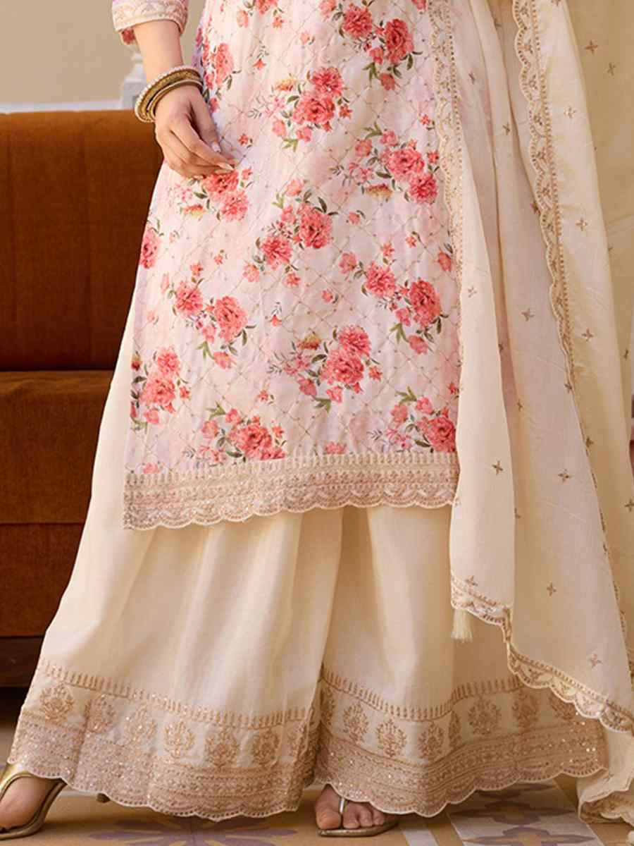 White Chinon Embroidered Party Wedding Ready Pant Salwar Kameez