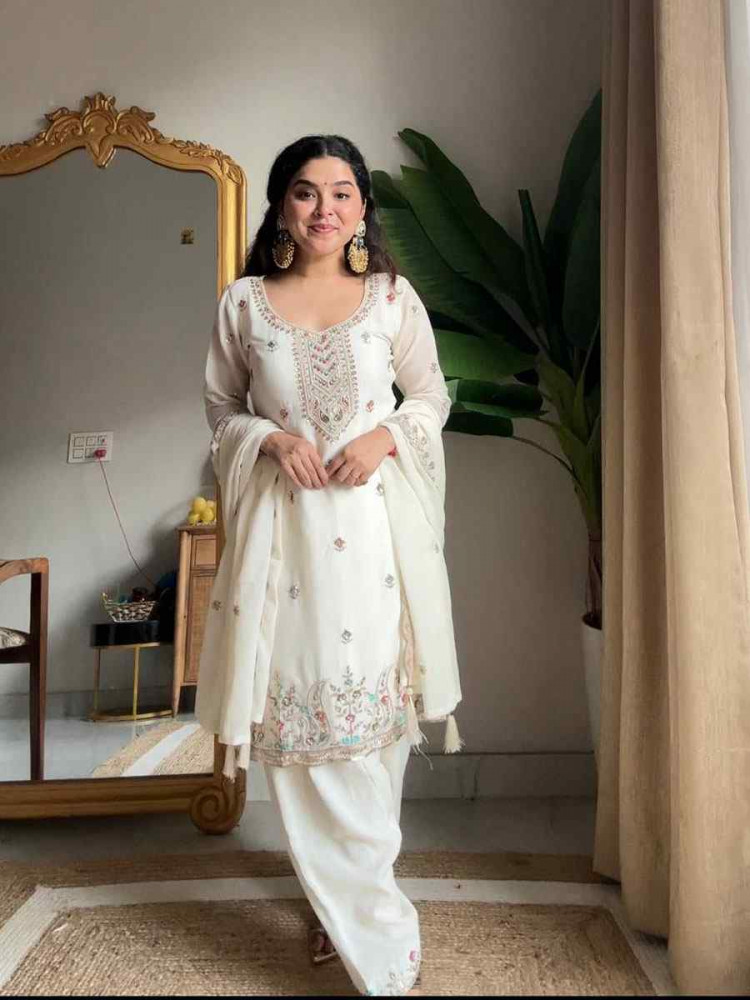 Image of White Chinon Embroidery Party Wedding Festival Casual Ready Patiala Salwar Kameez