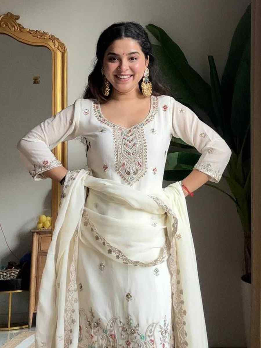 White Chinon Embroidery Party Wedding Festival Casual Ready Patiala Salwar Kameez