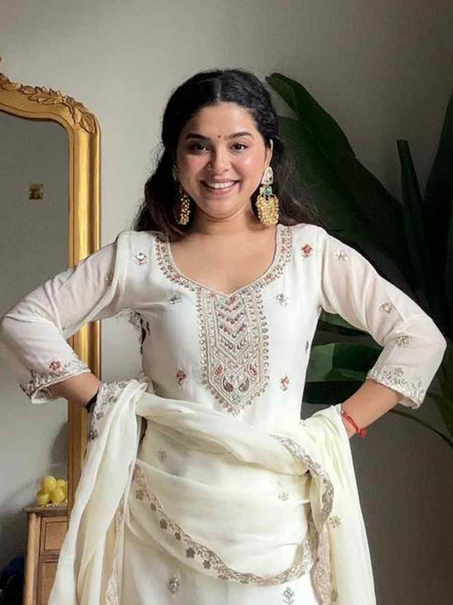 White Chinon Embroidery Party Wedding Festival Casual Ready Patiala Salwar Kameez