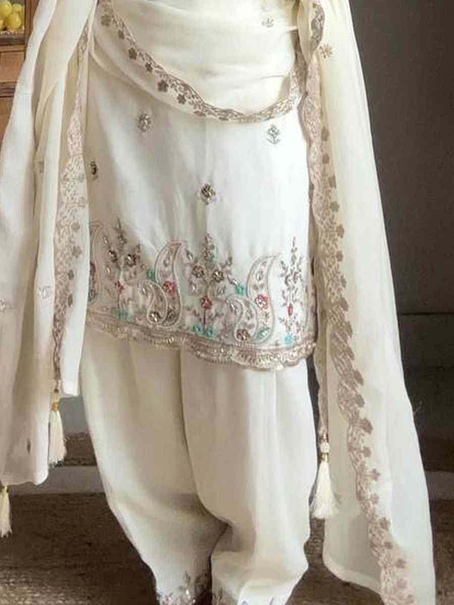 White Chinon Embroidery Party Wedding Festival Casual Ready Patiala Salwar Kameez