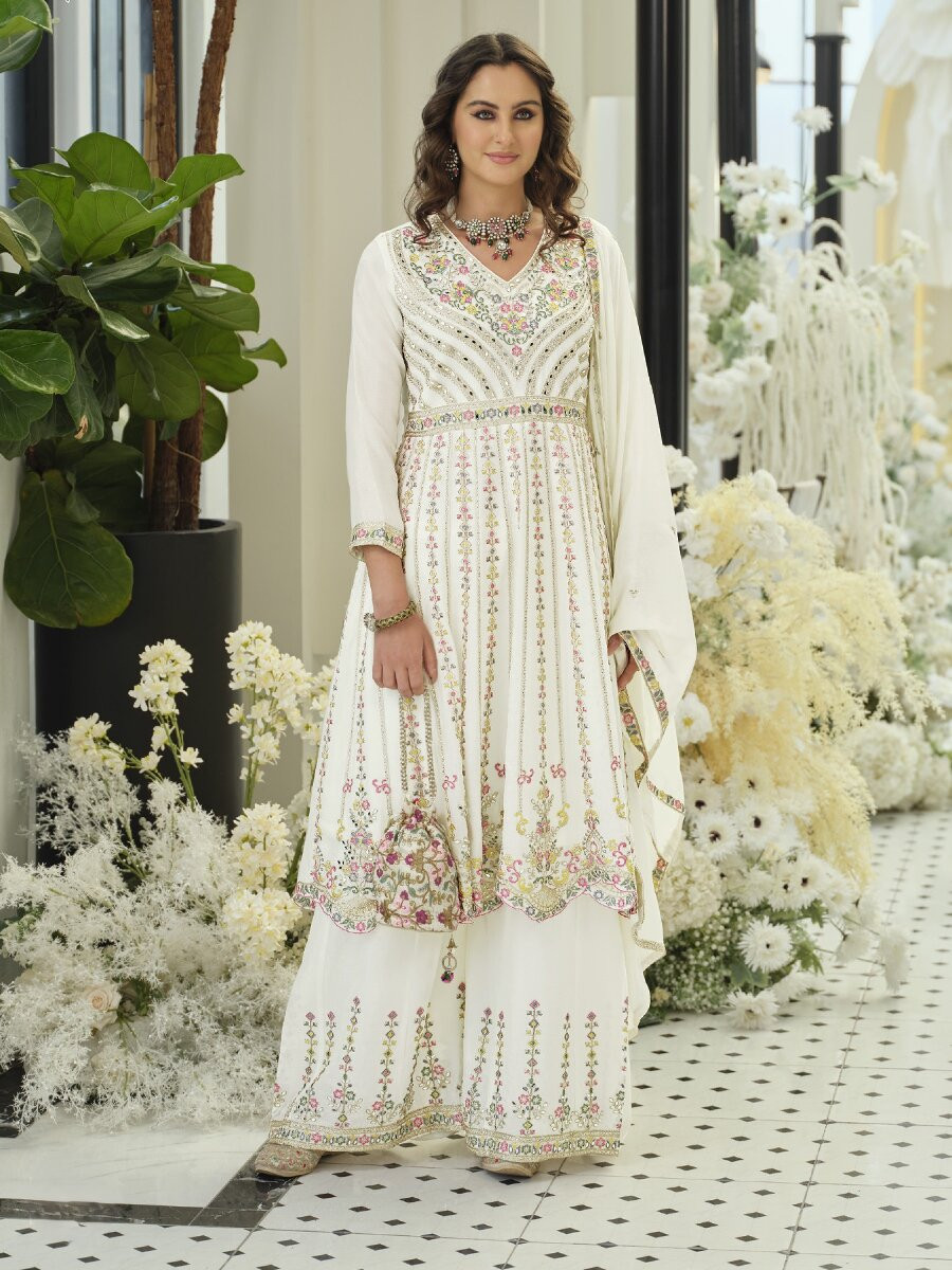 White Chinon Embroidery Sequins Zari Wedding Party Festival Ready Palazzo Pant Salwar Kameez