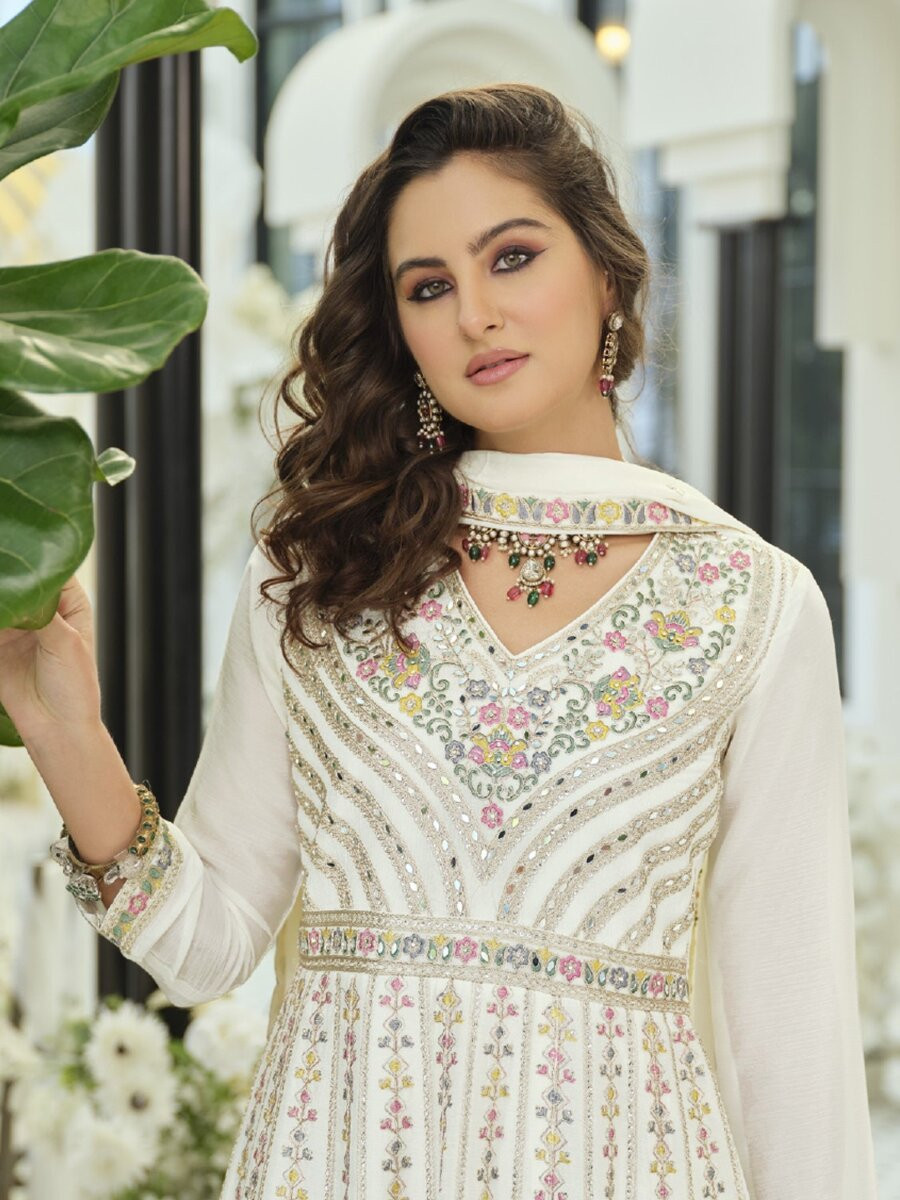 White Chinon Embroidery Sequins Zari Wedding Party Festival Ready Palazzo Pant Salwar Kameez