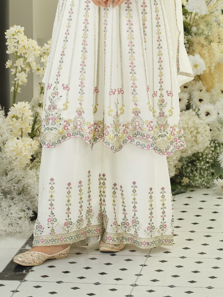 White Chinon Embroidery Sequins Zari Wedding Party Festival Ready Palazzo Pant Salwar Kameez