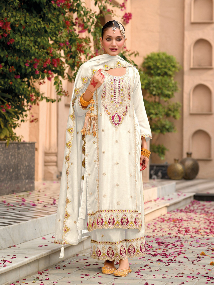 White Chinon Embroidery Wedding Party Festival Casual Palazzo Pant Salwar Kameez
