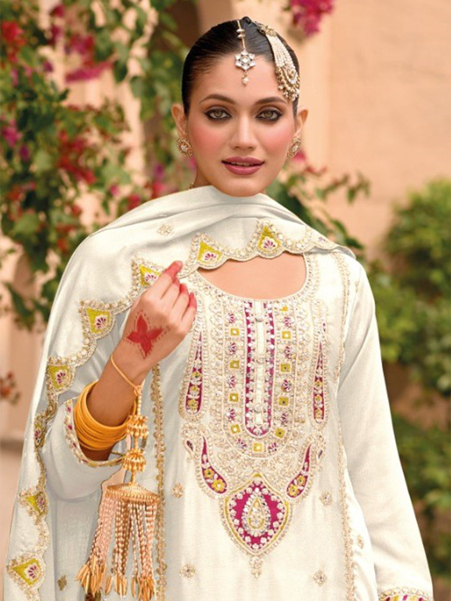 White Chinon Embroidery Wedding Party Festival Casual Palazzo Pant Salwar Kameez
