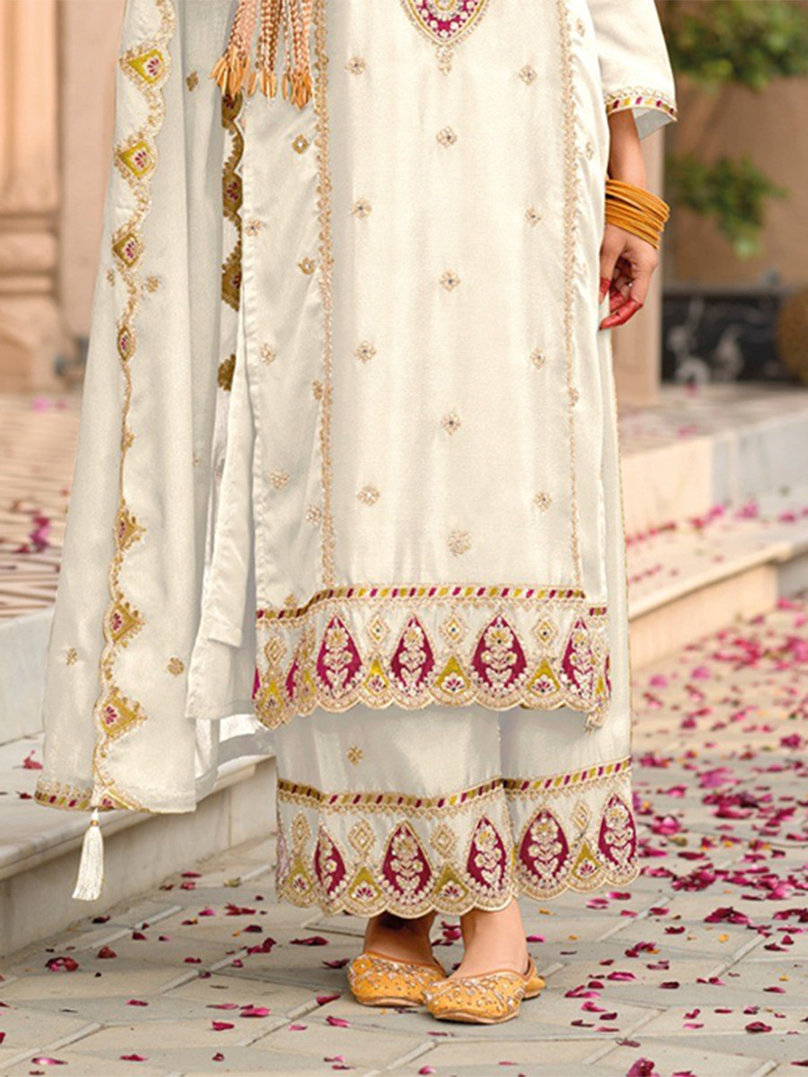 White Chinon Embroidery Wedding Party Festival Casual Palazzo Pant Salwar Kameez