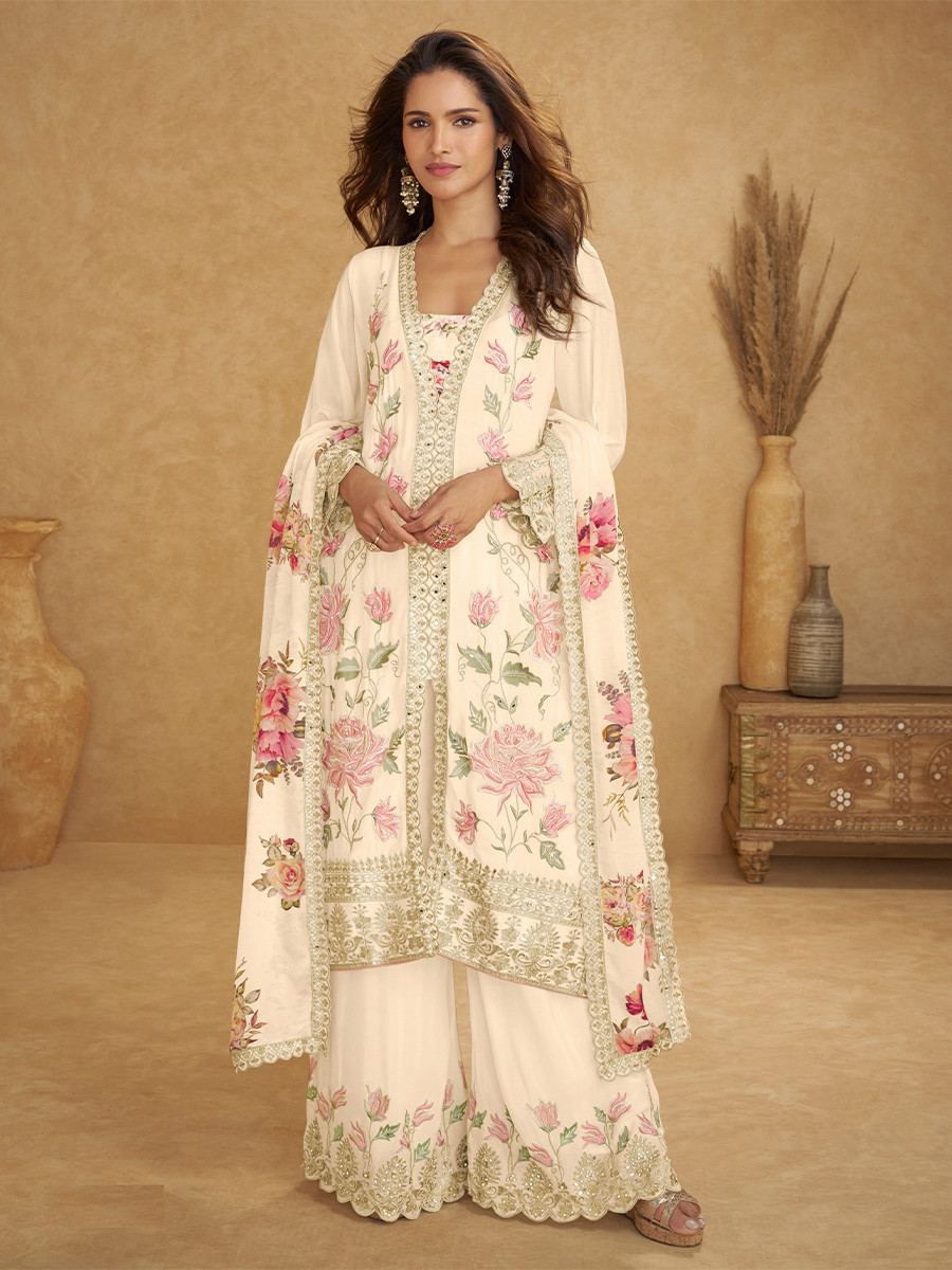 White Chinon Embroidery Zari Lace Printed Wedding Festival Party Wear Ready Palazzo Pant Salwar Kameez