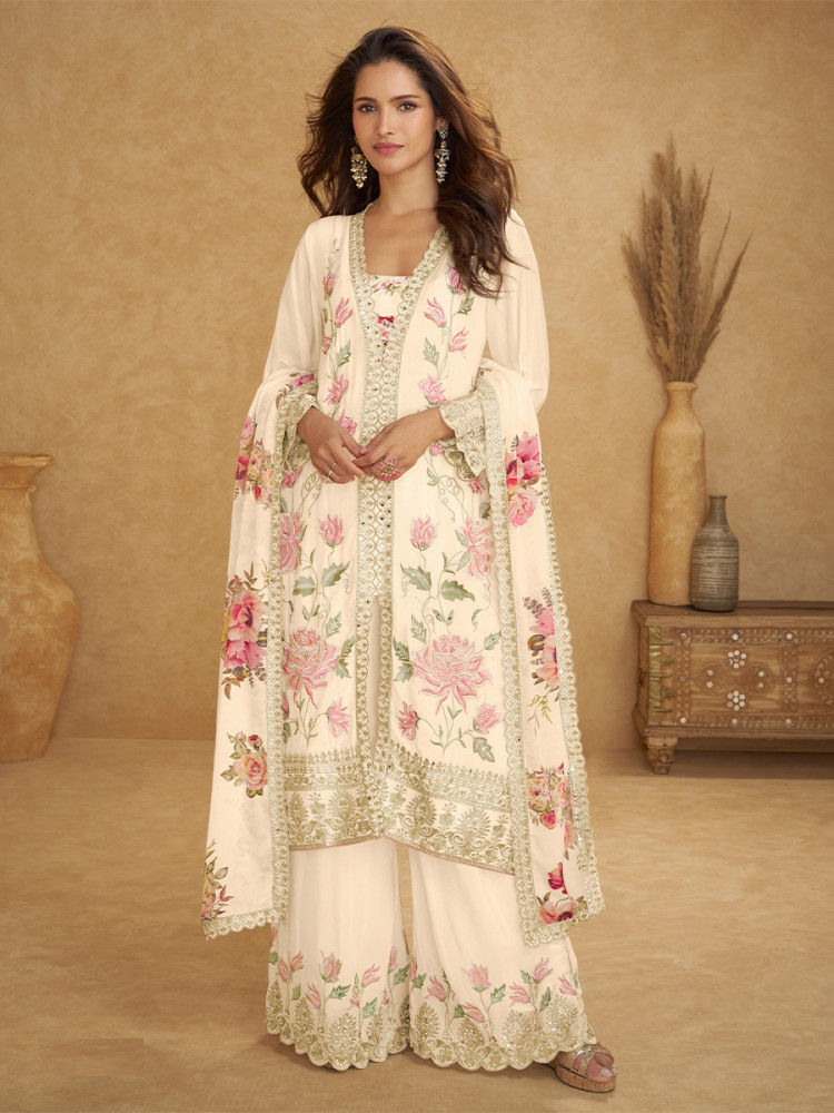 Image of White Chinon Embroidery Zari Lace Printed Wedding Festival Party Wear Ready Palazzo Pant Salwar Kameez