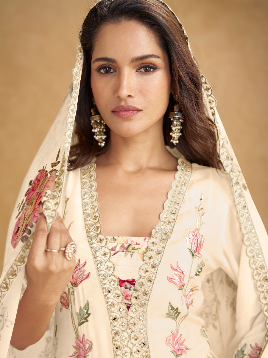 White Chinon Embroidery Zari Lace Printed Wedding Festival Party Wear Ready Palazzo Pant Salwar Kameez