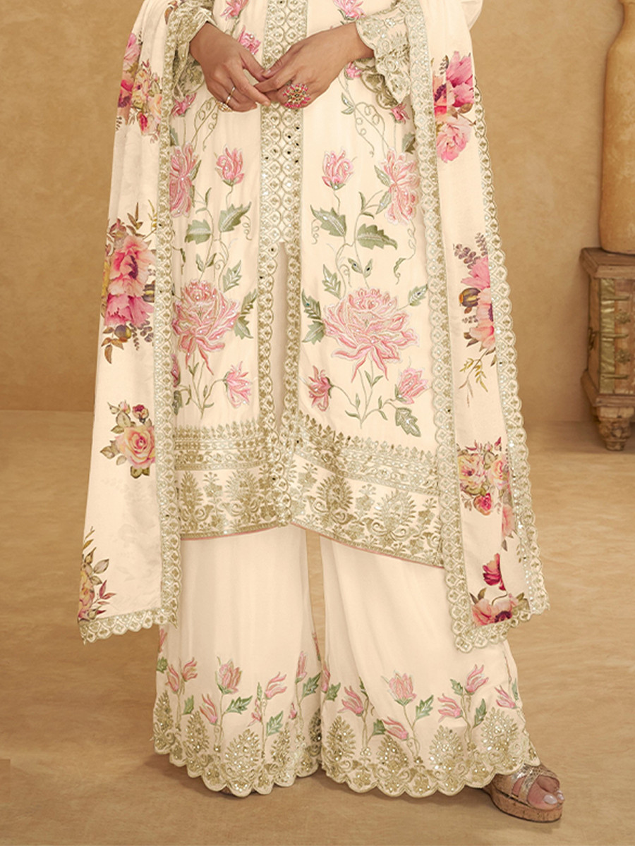 White Chinon Embroidery Zari Lace Printed Wedding Festival Party Wear Ready Palazzo Pant Salwar Kameez