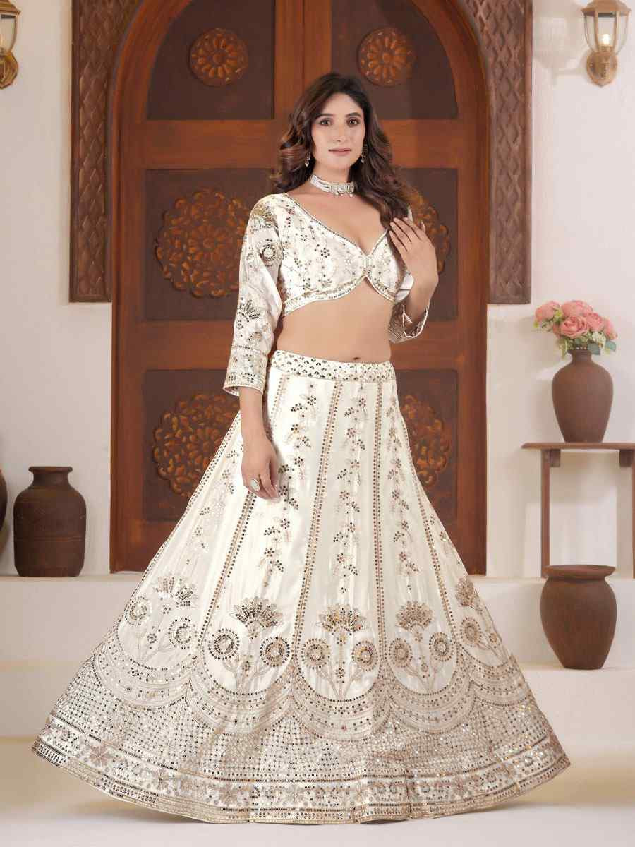 White Chinon Silk Embroidered Bridal Wedding Reception Festival Heavy Border Lehenga Choli