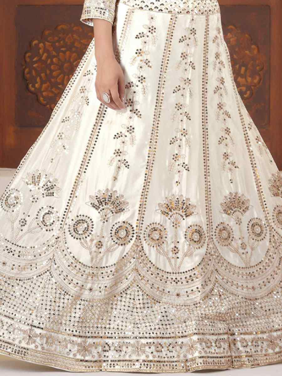 White Chinon Silk Embroidered Bridal Wedding Reception Festival Heavy Border Lehenga Choli