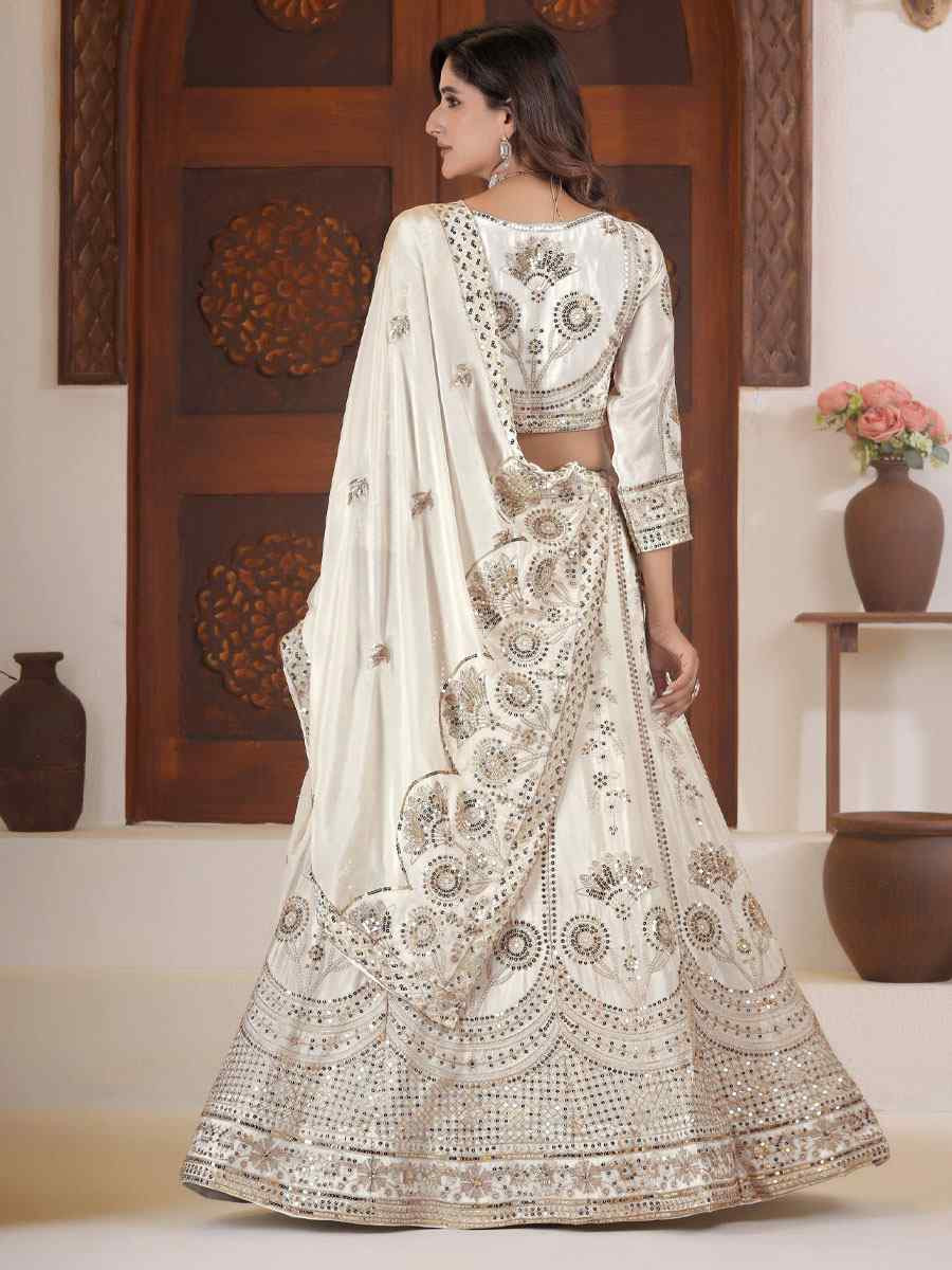 White Chinon Silk Embroidered Bridal Wedding Reception Festival Heavy Border Lehenga Choli