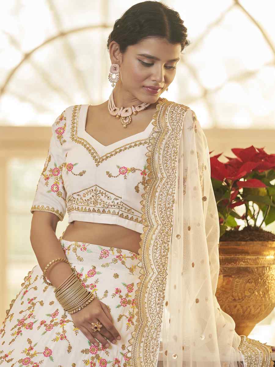 White Chinon Silk Embroidered Festival Party Wear Heavy Border Lehenga Choli