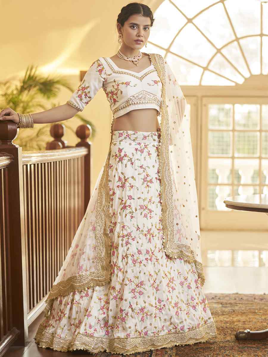 White Chinon Silk Embroidered Festival Party Wear Heavy Border Lehenga Choli