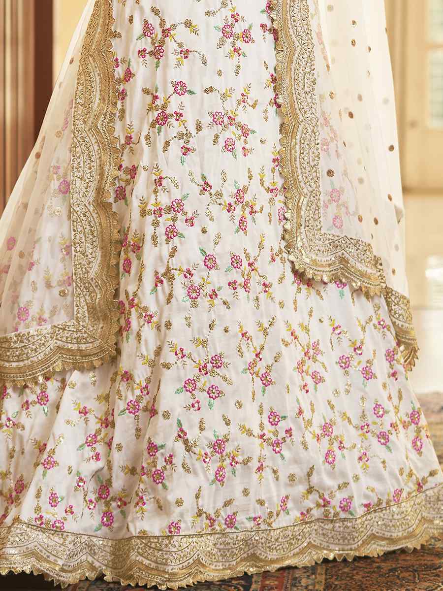 White Chinon Silk Embroidered Festival Party Wear Heavy Border Lehenga Choli