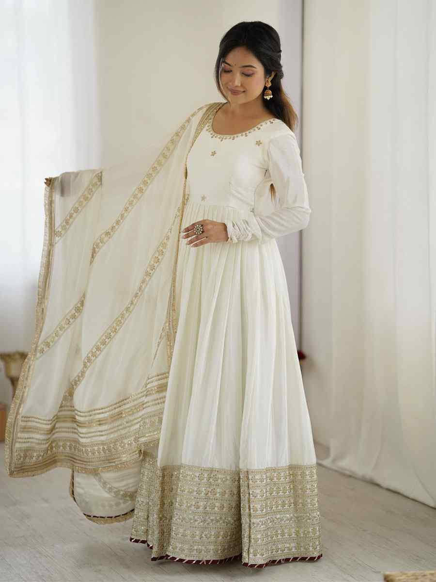 White Chinon Silk Embroidered Party Casual Ready Anarkali Salwar Kameez