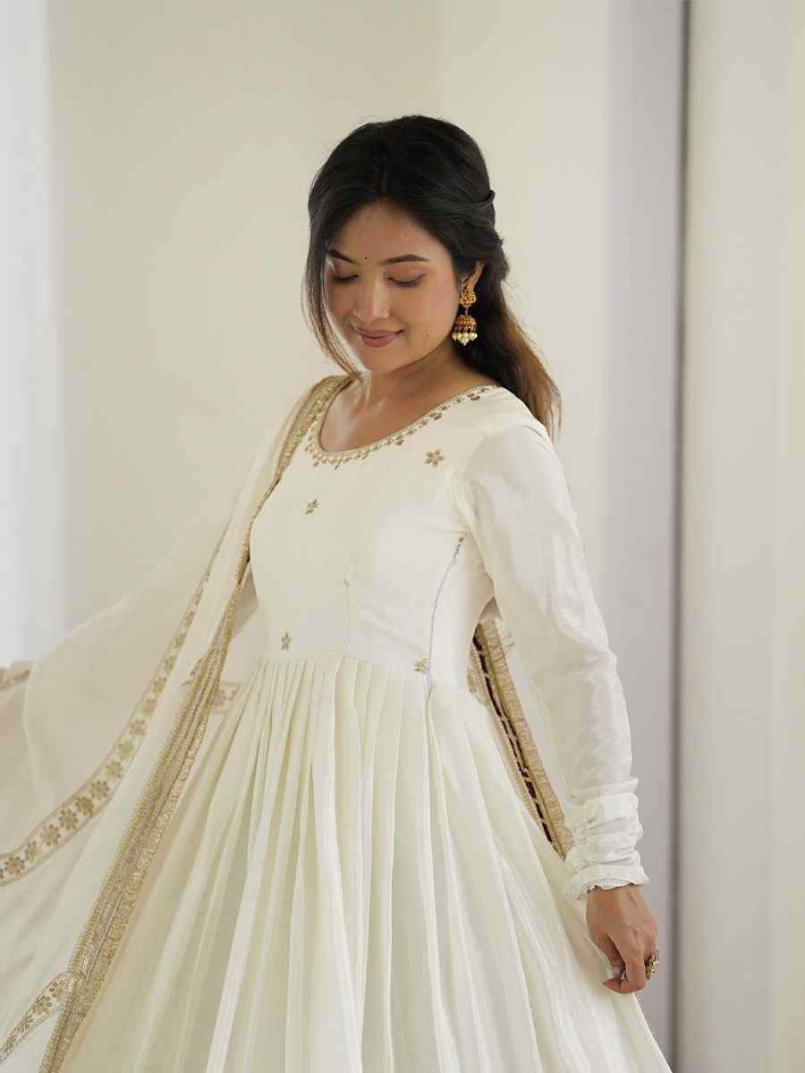 White Chinon Silk Embroidered Party Casual Ready Anarkali Salwar Kameez