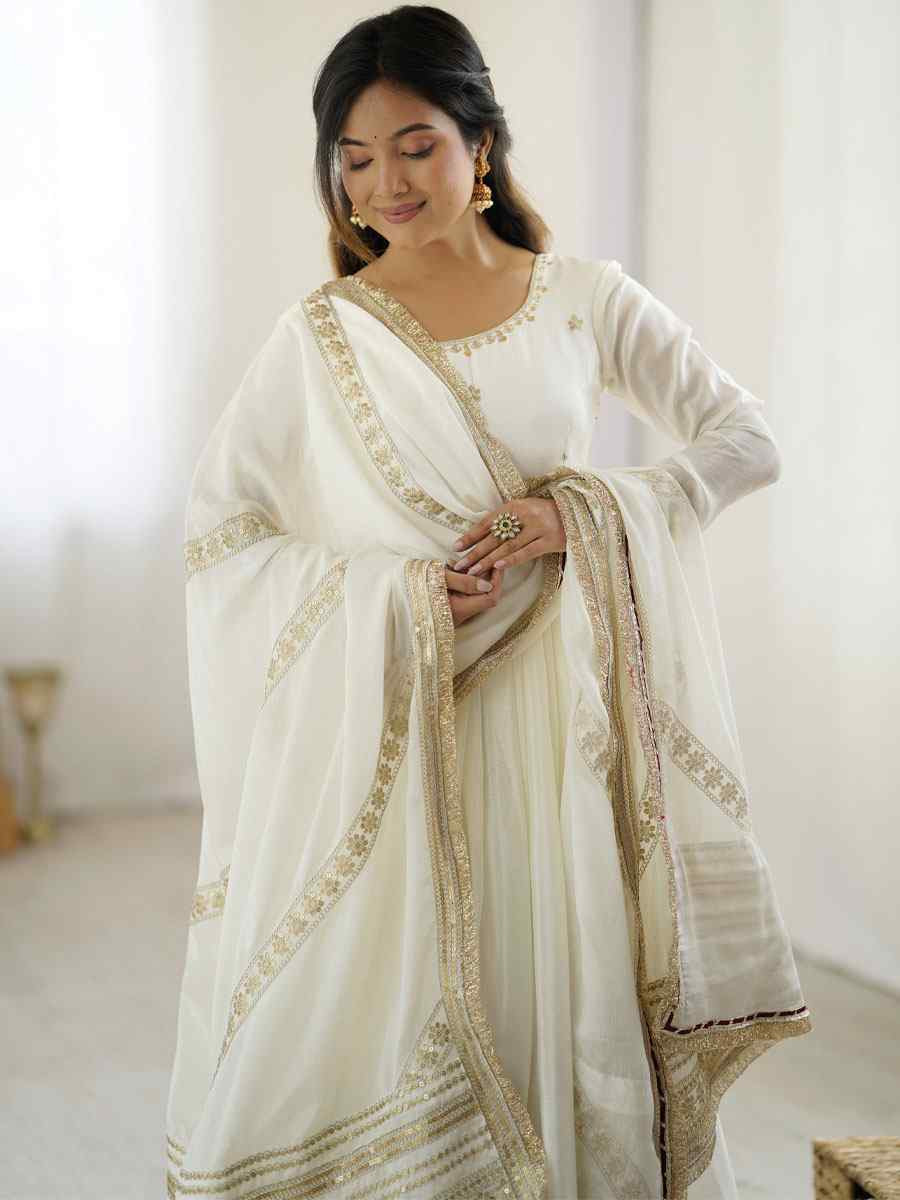 White Chinon Silk Embroidered Party Casual Ready Anarkali Salwar Kameez