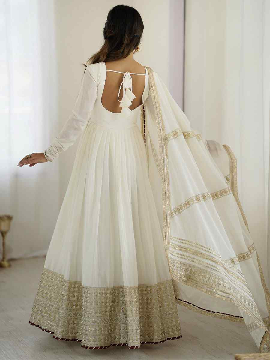 White Chinon Silk Embroidered Party Casual Ready Anarkali Salwar Kameez