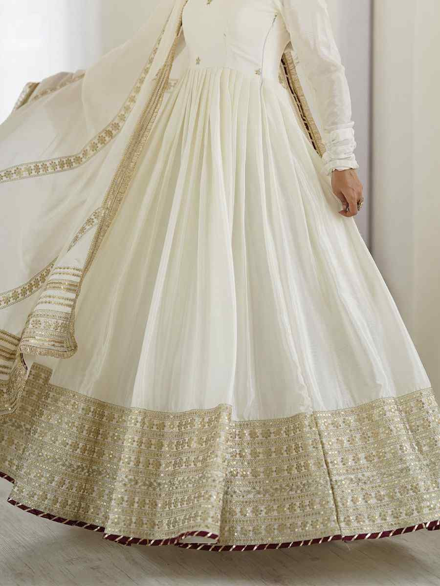 White Chinon Silk Embroidered Party Casual Ready Anarkali Salwar Kameez