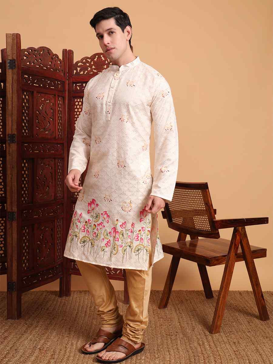 White Cotton Embroidered Festival Mehendi Kurta
