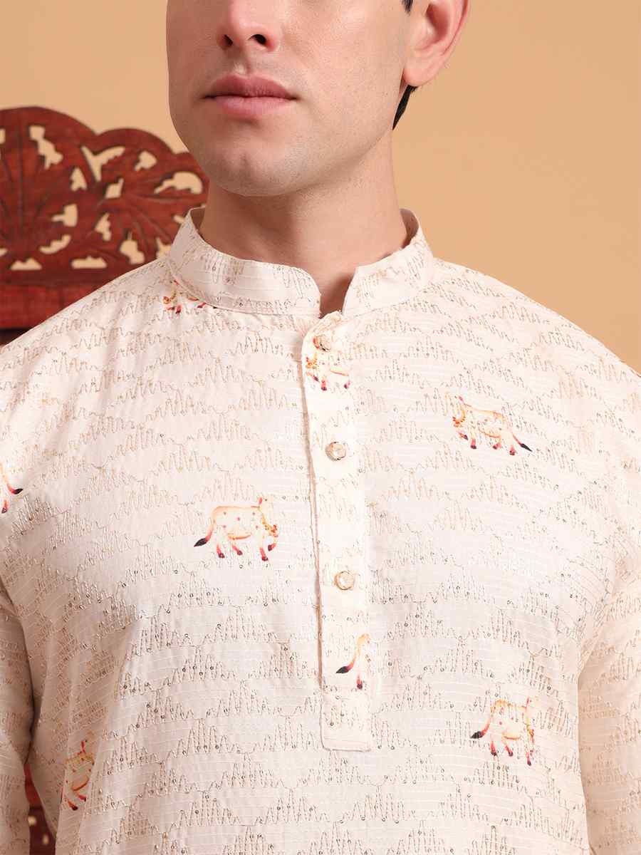 White Cotton Embroidered Festival Mehendi Kurta