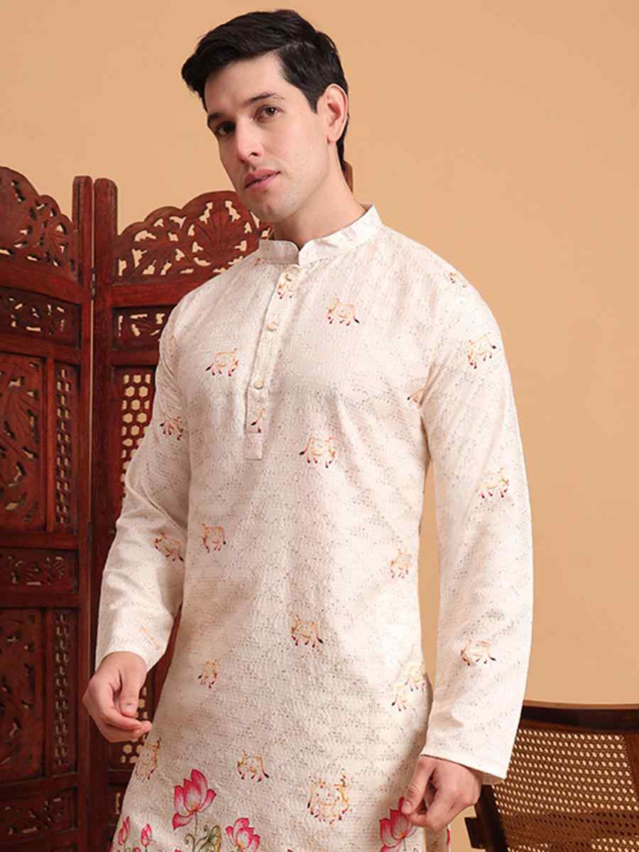 White Cotton Embroidered Festival Mehendi Kurta
