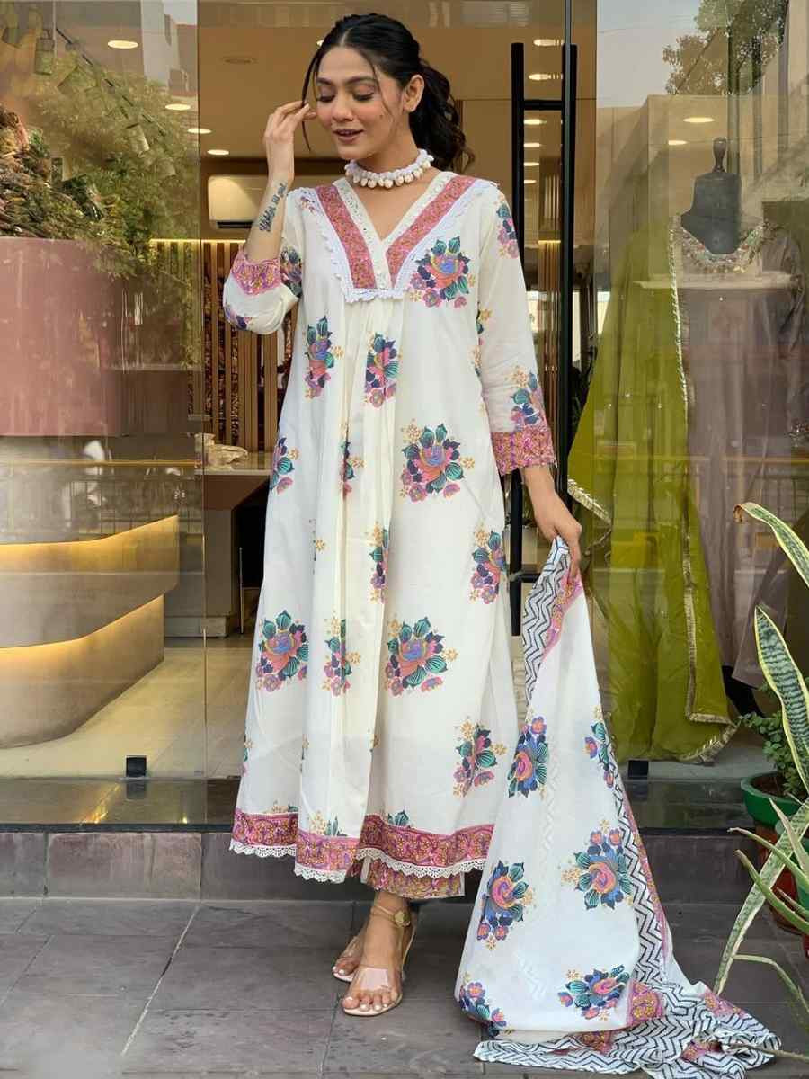 White Cotton Embroidered Festival Wedding Palazzo Pant Salwar Kameez
