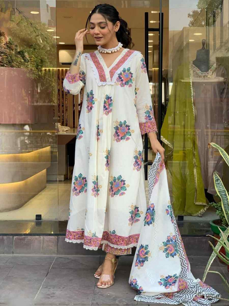 Image of White Cotton Embroidered Festival Wedding Palazzo Pant Salwar Kameez