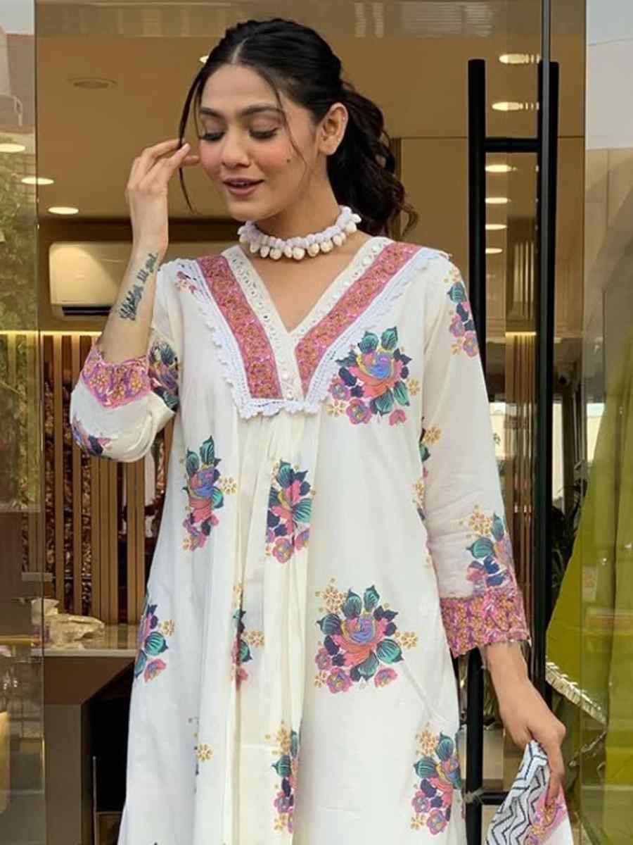 White Cotton Embroidered Festival Wedding Palazzo Pant Salwar Kameez