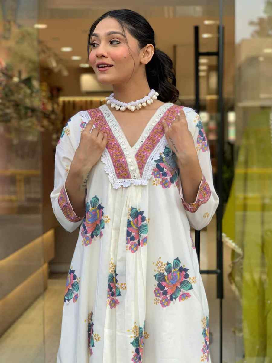 White Cotton Embroidered Festival Wedding Palazzo Pant Salwar Kameez