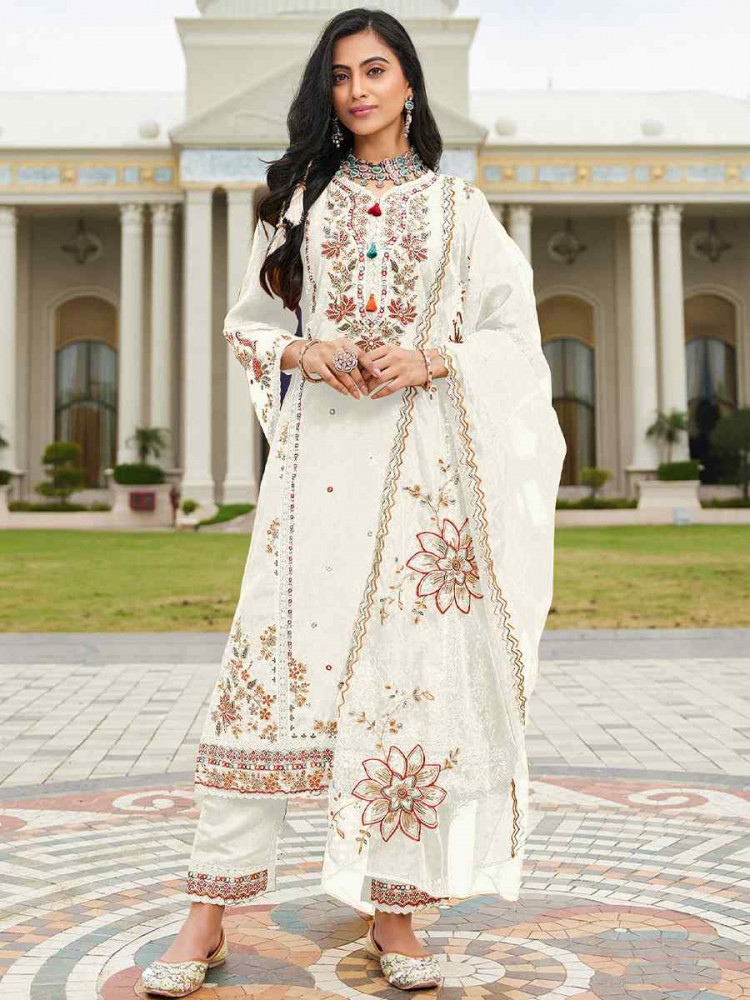 Image of White Cotton Embroidered Festival Wedding Pant Salwar Kameez