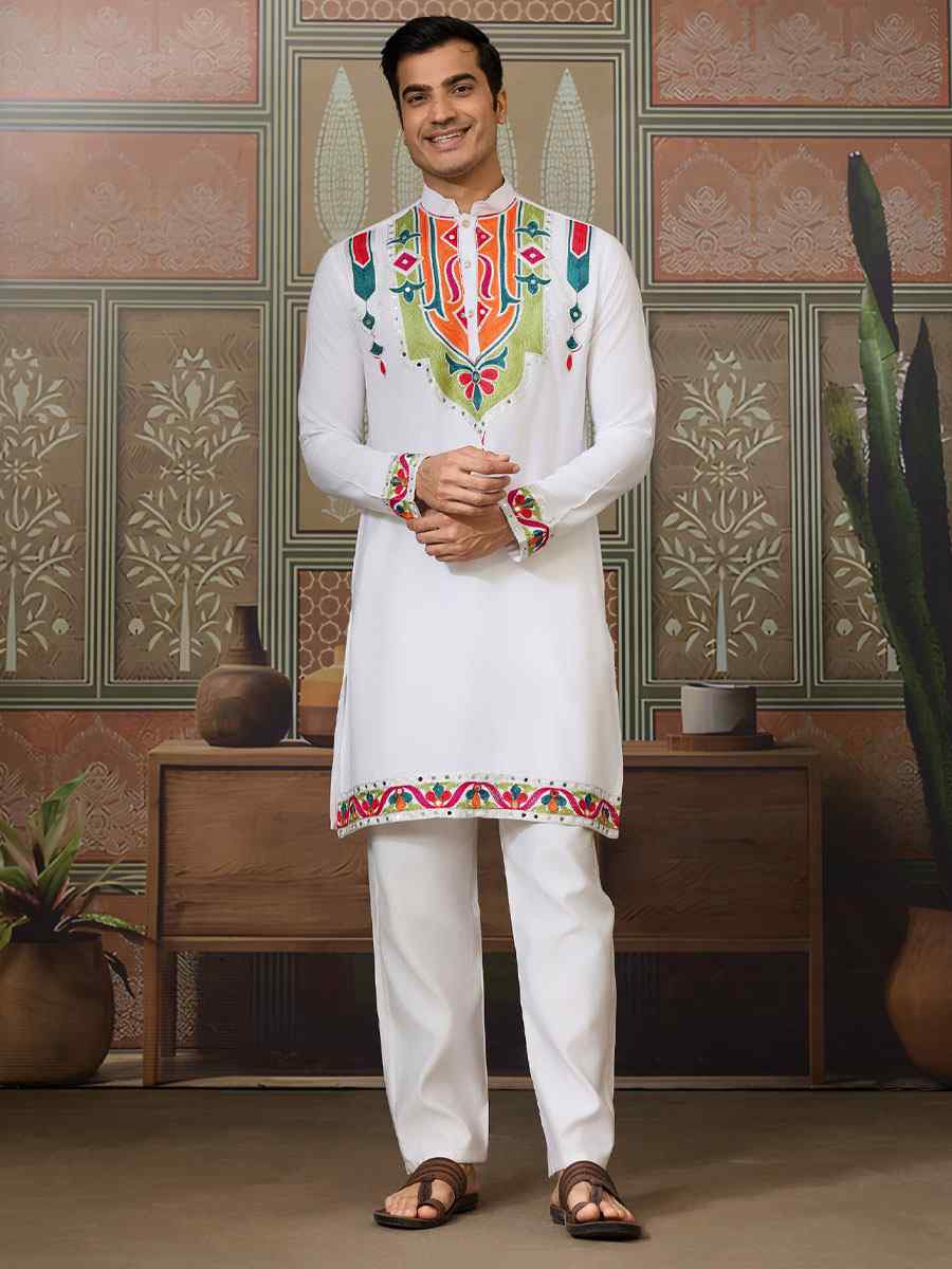 White Cotton Embroidery Festival Wedding Party Kurta