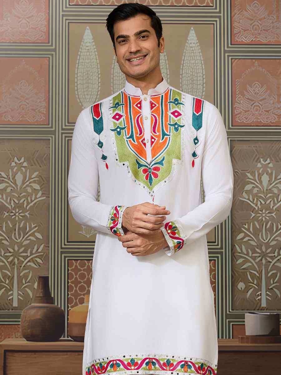 White Cotton Embroidery Festival Wedding Party Kurta